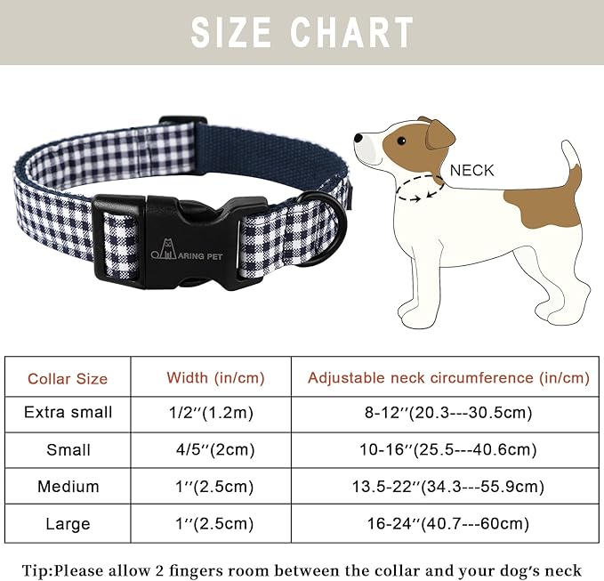 ARING PET Dog Collar, Cute Adjustable Comfortable Cotton Navy White Plaid Pet Collars for Small Medium Large Male Female Boy Girl Dogs-Medium