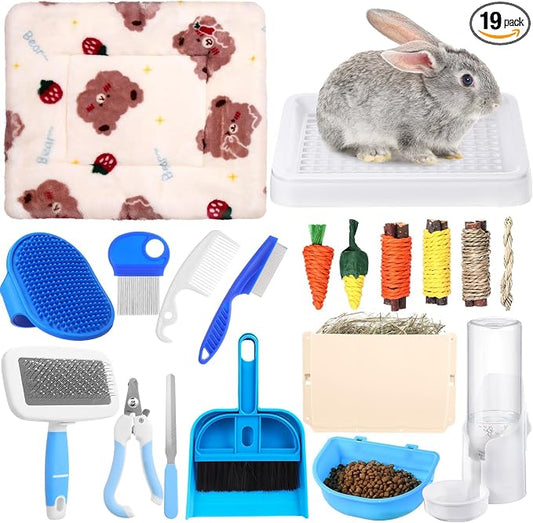 19 Pcs Rabbit Starter Kit Small Bunny Litter Box Animal Grooming Kit Water Bottle Bunny Toys Hay Feeder Bowl Blankets with Cleaning Set for Guinea Pig Rabbit Accessories (White)