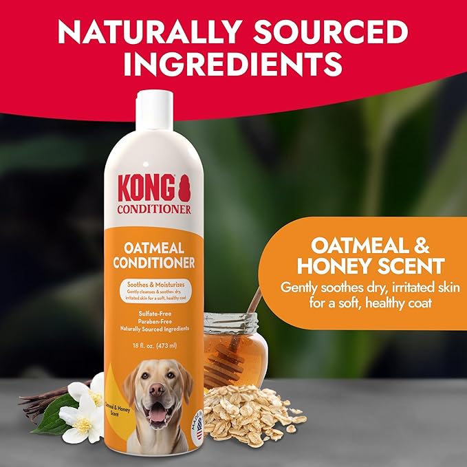 Kong Oatmeal Dog Conditioner – Soothes, Moisturizes & Relieves Itchy Skin, Oatmeal & Honey Scent, 18 oz - Plant-Based, pH-Balanced, Sulfate-Free, All Coat Types, for Sensitive Skin, Made in USA