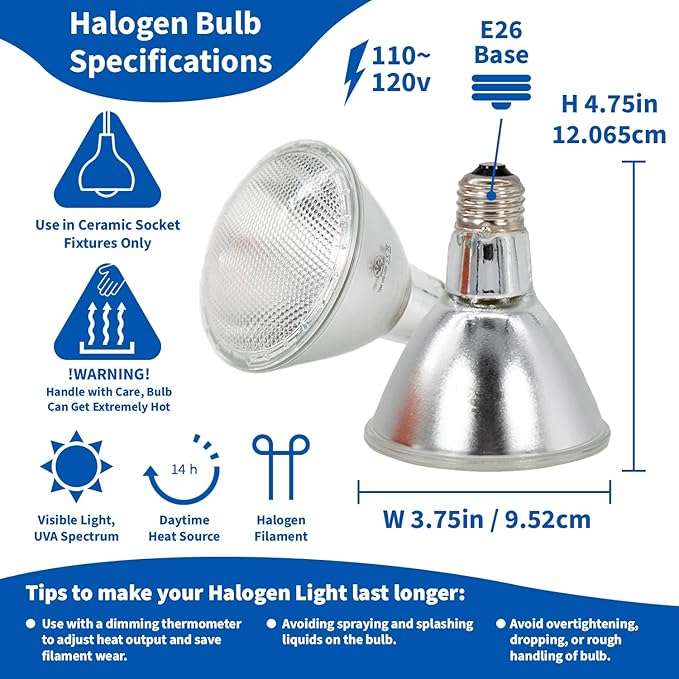 Pangea 75W Halogen Heat Lamp for Reptiles - Warming UVA and Infrared Light for Turtles, Tortoises, Bearded Dragons - Heating Bulb Terrarium Accessories, Designed for Ceramic Sockets (75 Watt)