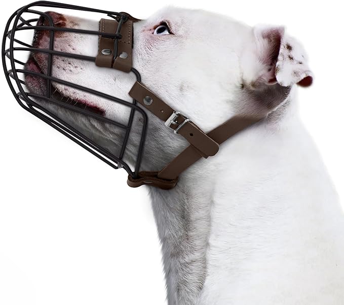 Pitbull Dog Muzzle Breathable Metal Basket for Large Dogs Amstaff Staffordshire Terrier Secure Wire Mask Adjustable Durable Leather Straps Biting Chewing Barking (Dark Brown)
