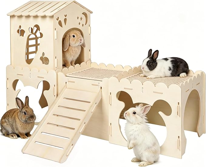 Large Rabbit House with 2PCS Rabbit Scratch Mat, Wooden Bunny Castle with 4 Houses Indoor, Guinea Pig Cage Multistory Climbing Tower Sturdy Wooden Castle, Small Animal Hideaway Tunnel