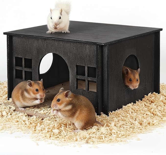 Black Guinea Pig Hideout and Hideouts, Wooden Guinea Pig House with Cushion, Lovely Chinchilla House with Windows, Large Hamster House Hideout for Hamsters Small Bunny Chinchillas Playing Hiding