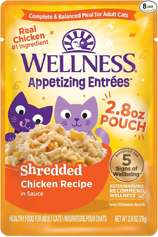 Wellness Appetizing Entrées Shredded Adult Wet Cat Food, Natural, Protein Rich, Grain Free, Chicken Recipe, 2.8 oz, Pack of 8 Pouches