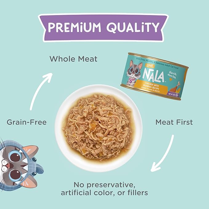 LOVE, NALA - Chicken Flaked with Pumpkin in Broth - 24 Pack, 4.8 lbs - Natural Adult Cat Wet Food Flaked -Grain Free, Non-GMO, Lean Protein, Added Minerals & Vitamins