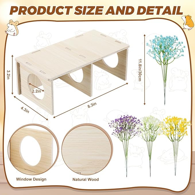 22 Pcs Hamster Platform Set Includes 1 Hamster Platform with Legs 1 Wooden 2-chamber Hideout Tubes Tunnels 20 Handcrafted Flowers Hamsters Accessories for Dwarfs Rats Gerbils Mice Syrian Habitat Decor