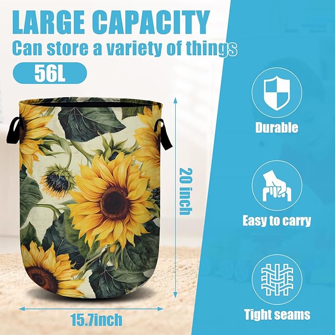 Retro Sunflower Laundry Basket, Floral Laundry Hamper Collapsible Oxford Cloth with Handle Clothes Storage Bin for Bathroom Laundry Room Bedroom 15.7 X 20 Inch