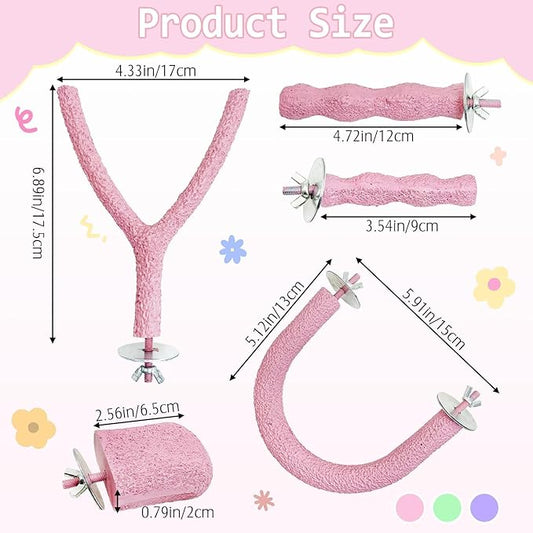 PINVNBY 5 Pack Bird Perch Resin Bird Beak Grinding Stone Parrot Cage Stand Platform Foot Claws Trimmer Chew Toy Cage Accessories for Budgie Cockatiel Conure Lovebird Finch (Pink)
