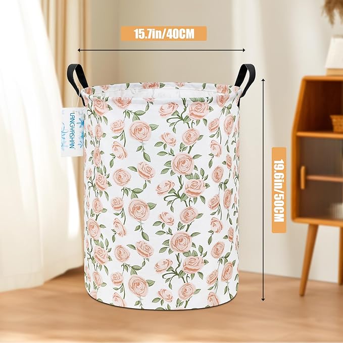 Laundry Basket Canvas Fabric Collapsible Organizer Basket for Storage Bin Toy Bins Gift Baskets Bedroom Clothes Children Nursery Hamper (Rose)