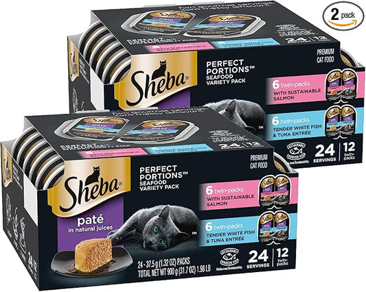 Sheba Perfect Portions Wet Cat Food Pate, Sustainable Salmon and Tender Whitefish & Tuna Entree, Cat Food Wet Recipe Variety Pack, 2.6 oz. Twin-Pack Trays (12 Count, 24 Servings) (Pack of 2)