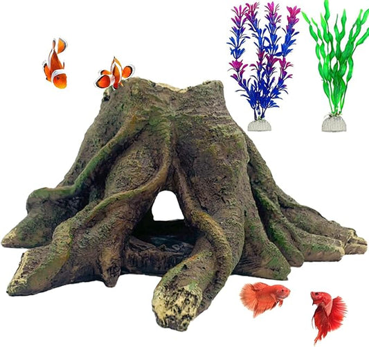 Aquarium Landscape Tree Stump Artificial Resin Tree Hole Ornament Hollow Trunk Cave Betta Cave Rocks Fish Tank Decoration for Cichlid Hiding