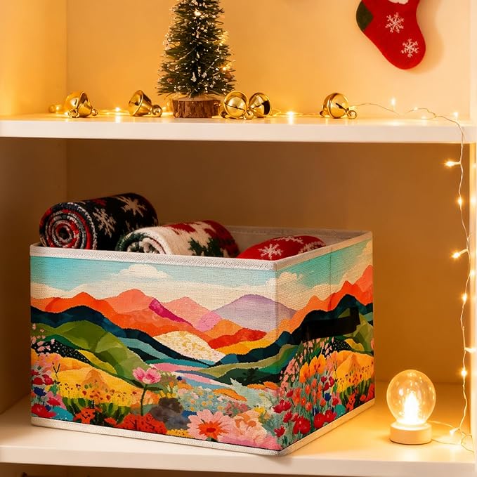 Abstract Boho Colorful Floral Mountain Storage Bins, Modern Maximalist Vibrant Wildflower Foldable Closet Organizers Storage Basket Toybox for Clothes Bed Sheets Blankets Toys