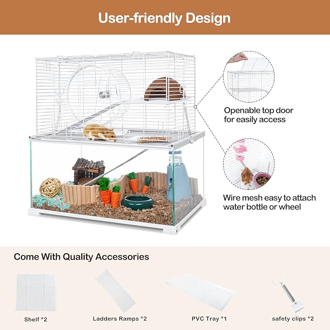 3 Tiers Large Hamster Cages Glass, Heightened Wire Topper with Two Shelf and Two Ladders Ramps, Openable Top, Easy to Clean Removeable Waterproof PVC Tray Medium