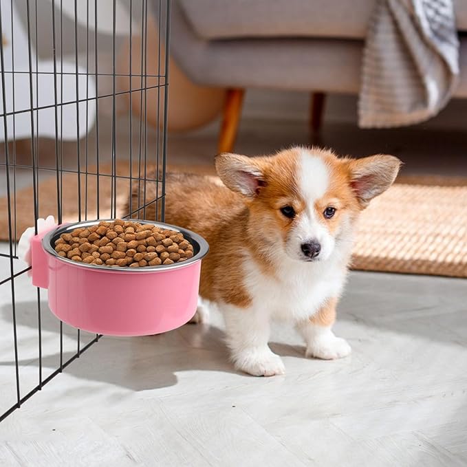 Hypeety Dog Crate Water Bowl No Spill - Hanging Attachable Pet Bowls for Kennel Durable Stainless Steel Food Water Dishes for Small Dogs Cats Rabbits Parrots with Non-Slip Base (Pink)