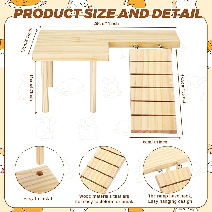22 Pcs Hamster Platform Set Includes 1 Hamster Platform with Legs 1 Wooden 2-chamber Hideout Tubes Tunnels 20 Handcrafted Flowers Hamsters Accessories for Dwarfs Rats Gerbils Mice Syrian Habitat Decor