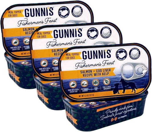 Gunnis Pet Fisherman’s Feast Dog Food Topper – Salmon & Cod Liver with Kelp – Gently Cooked, Wild-Caught in Iceland – Grain-Free, Omega-Rich Topper – 4.5 oz Tin, Pack of 6