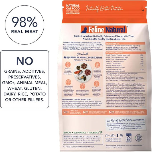 Feline Natural High Protein Dry Cat Food, Freeze-Dried Diet with 98% Meat, Organs & Seafood, No Peas, Grains, or Artificial Additives, Made in New Zealand, Lamb & King Salmon, 1.8lb