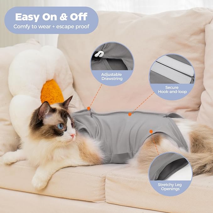 Avont Cat Recovery Sui,Post-Surgery Protective Vest Grey L | Breathable & comfortable cat onesie for cats after surgery female. Soft alternative to cone. Machine washable