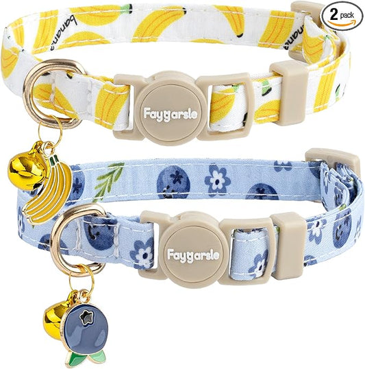 Faygarsle 2 Pack Blueberry Banana Pattern Cat Collars Breakaway Safety Collar with Bell Spring Summer Design for Girl Cats,Yellow Light Blue