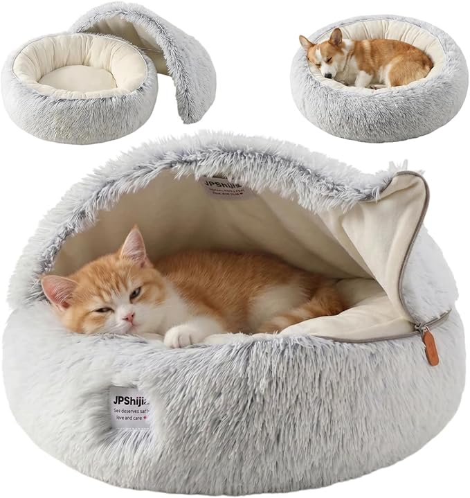 Hooded Dog Bed, Cat Cave Bed with Removable Hood, 2-in-1 Convertible Donut Cat Bed, All Season Fluffy Pet Bed for Cats Small Dogs (Cave Nest - Grey, Medium 19.7 Inches)
