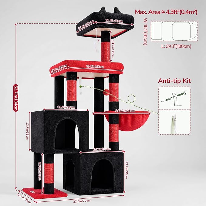 Globlazer Gothic Cat Tree Tower with 2 Spacious Condos for Multiple Indoor Cats, 52in Multi-Level Goth Cat Condo Tower with 5 Scratching Posts, Padded Perch, Big Basket, Widened Base, S52, Black Red