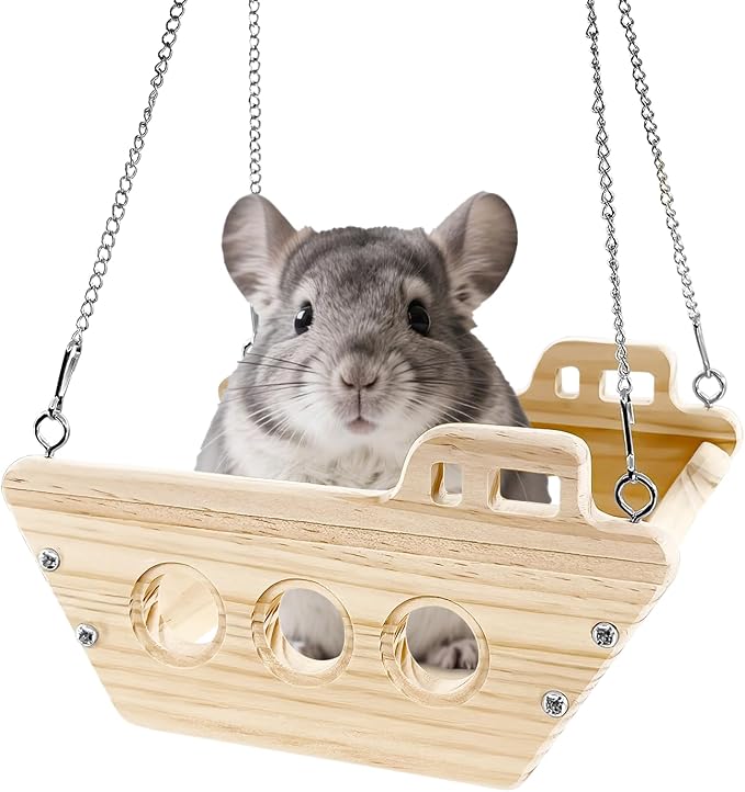 Natural Wood Chinchilla Toy Hammock for Cage Swing, Hanging Chinchilla Bed, Wooden Toys and Cage Accessories, Hut Ledges and Resting Areas for Indoor Habitat Enrichment