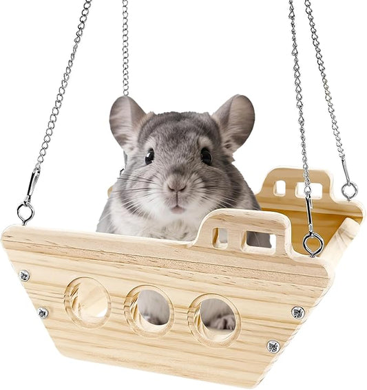 Natural Wood Chinchilla Toy Hammock for Cage Swing, Hanging Chinchilla Bed, Wooden Toys and Cage Accessories, Hut Ledges and Resting Areas for Indoor Habitat Enrichment