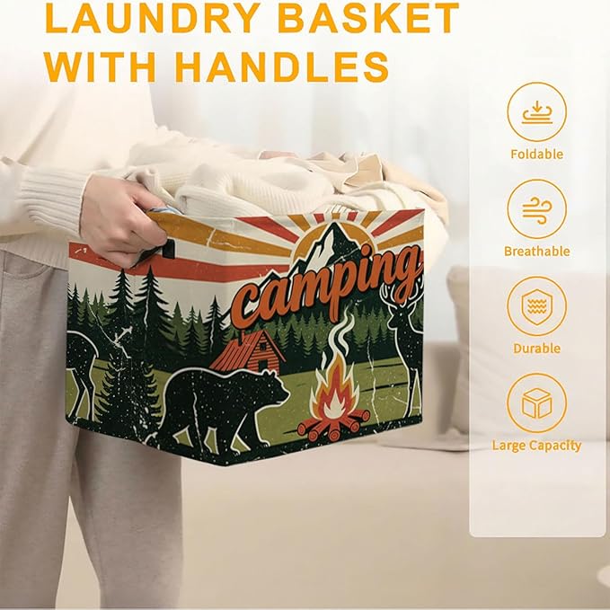 56L Camping Laundry Basket Clothes Hamper with Handles,Foldable Blanket Storage Large Laundry Hamper with Waterproof PE,Toy Storage Bin Organizer,Cube Clothes Organizer,Home Decor