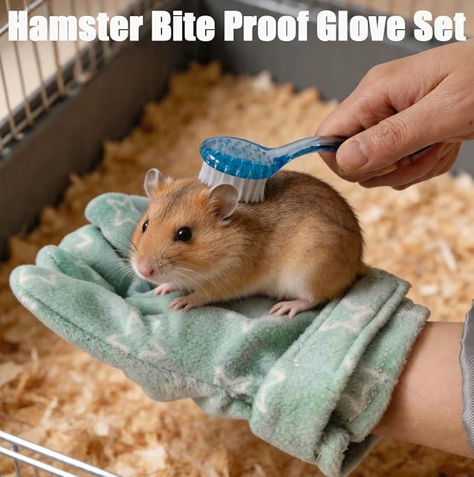 4 PCS Hamster Bite Proof Glove Set, Includes Anti-Bite Glove, Soft Bathing Brush, Metal Fine-Tooth Comb & Nail File, Safe Grooming Kit for Hamsters, Guinea Pigs, Gerbils, Ferrets, Hedgehogs