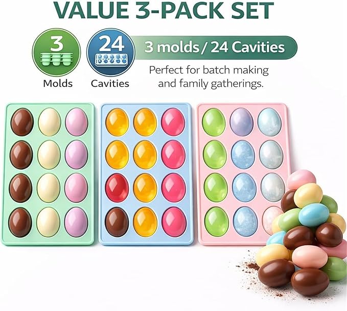 2026 New Easter Egg Silicone Mold for Baking,3 Pack Food-Grade Chocolate Molds, Non-stick Egg Shaped Easter Freezer Molds, DIY Baking Supplies Tools Set for Cake, Jello, Ice Cream(6pcs)