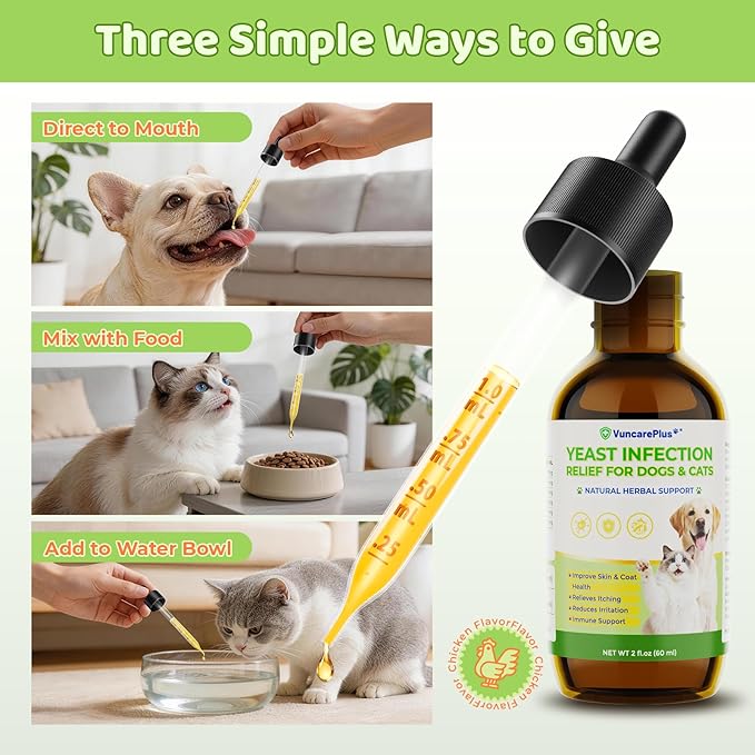 Natural Yeast Relief Drops for Dogs & Cats – 2 fl oz Herbal Ear & Skin Support for Itching, Paw Licking, Hot Spots & Odor Control – Apple Cider Vinegar & Goldenseal – Chicken Flavor Liquid Drops