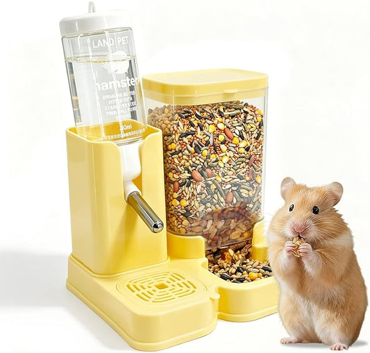 Hamster Water Bottle 2-in-1, 80ml Top-Fill Water Dispenser & 320ml Food Feeder, BPA-Free Anti-Leak Small Animal Cage Accessories for Hamster Gerbil Mouse (Yellow)