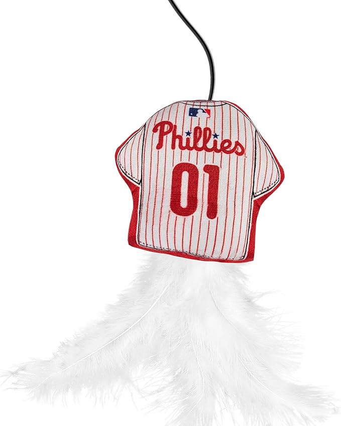 MLB Philadelphia Phillies Team Jersey Wand with CAT NIP, Cat Toy Jersey Shaped Plush Teaser Toy for Cats & Kittens - Interactive Pet Toy for Play & Exercise