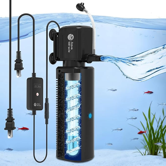 AquaMiracle Fish Tank Filter with Timer & Filter Sponge, 400GPH U - V Aquarium Filter with Aeration & Rainfall Modes, Effective Turtle Filter for Green Water Control (80-200 Gal Tank)