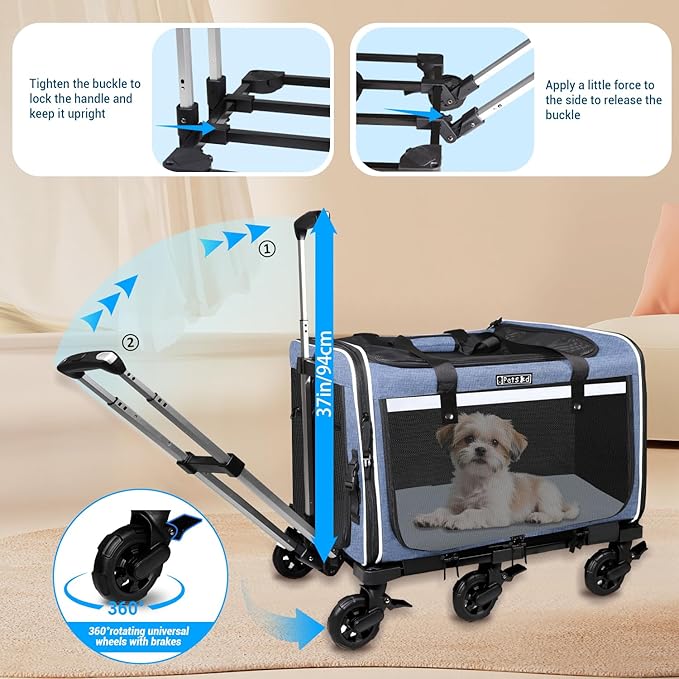 Petskd Extra Large Pet Carrier with Wheels for Large Cat or Medium Dog, 24" X 17" X 15" Soft-Sided Rolling Dog Cat Carrier for Indoor and Outdoor Uses, Support up to 40 Lbs, Blue