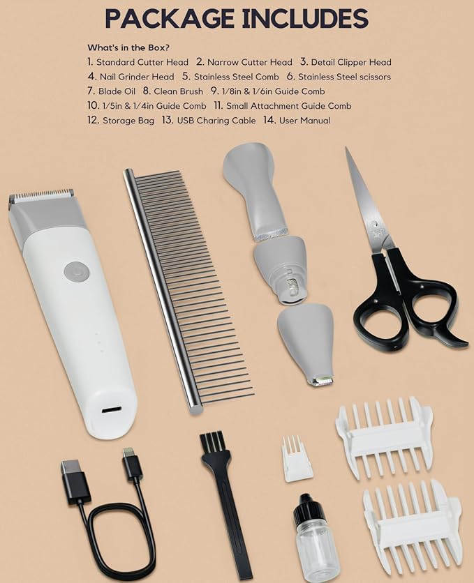 4 in 1 Rechargeable Dog Clippers Grooming Kit with 2 Speeds and Low Noise | Quiet Cordless Dog Hair Trimmer for Paw Nail Grinder, Cat Grooming Clippers for Trimming Hair on Paw Eye Ear Face (Gray)