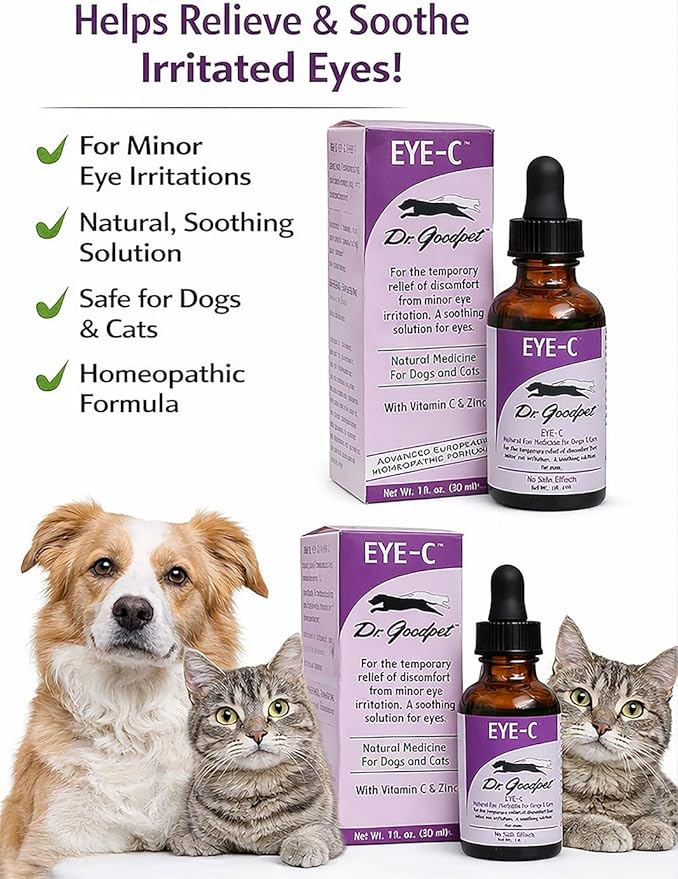 Dr. Goodpet Eye-C All-Natural Eye Drops for Dogs, Cats | Human Quality Zinc & Vitamin C | Veterinarian Recommended Eye Care | Soothe, Wash, and Moisturize Pet Eyes | Made in the USA