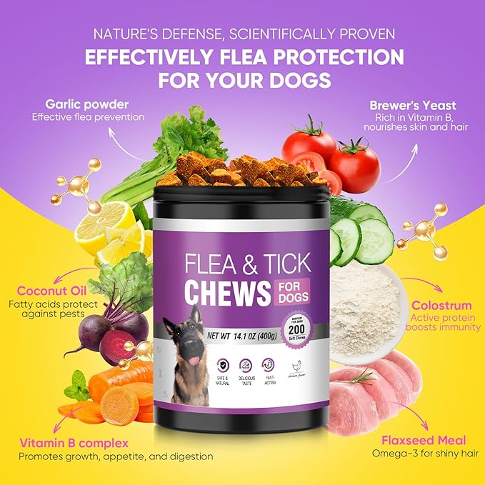 Dog Flea and Tick Treatment Chewable 200 Treatment Chews Natural Soft Chew Support Supplement Pest Defense Breeds and Ages Dogs Chicken Flavor