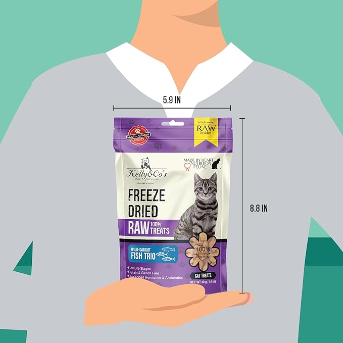 KELLY & CO'S Freeze Dried Cat Treats Made from a Single Ingredient. Grain Free, high Protein Healthy cat Treats (1.4 oz x 4 Packs) Minimally Processed Indulgent Treat (Fish Trio)