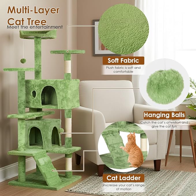 PayLessHere Cat Tree 54in Cat Tower with Cat Scratching Post,Multi-Level Cat Condo Stand House Furniture Kitty Activity Center with Furry Ball Toys Cat Tree for Indoor Cats,Green