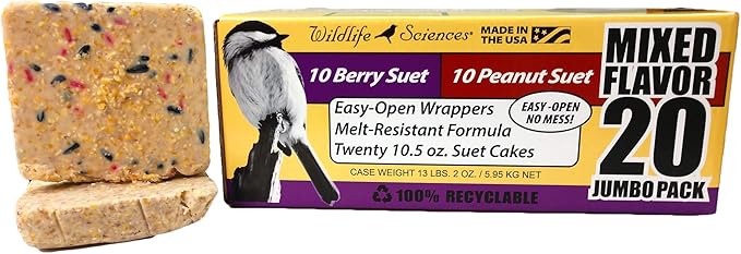 Wildlife Sciences Suet Cake Jumbo Mixed 20 Pack | 10 Peanut & 10 Berry 10.5 oz. Suet Cakes for Wild Birds