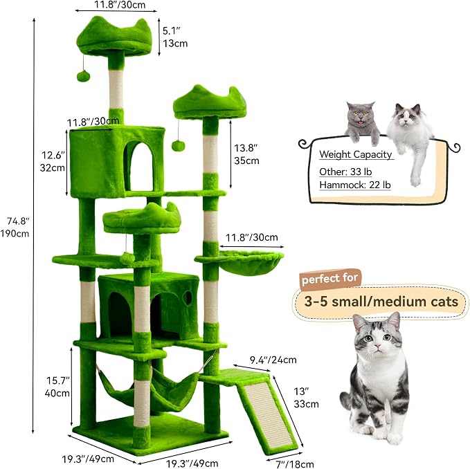 YITAHOME 190 cm Tall Heavy Duty Cat Trees for Large Cats, Sturdy 75inch Maine Coon Cat Tower for Indoor Cats Large Adult with Scratching Post, Hammock, Cat Condo for Adult Cats Kittens, Green