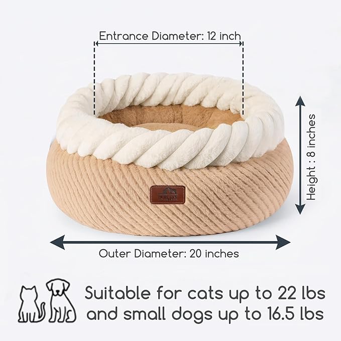 Hollypet Cat Bed for Indoor Cats Kitty Beds, Round Washable Fluffy Small Dog Bed, Soft Cozy Plush Pet Beds for Puppy and Kitten with Non-Slip Bottom (20" Diameter, Oatmeal)