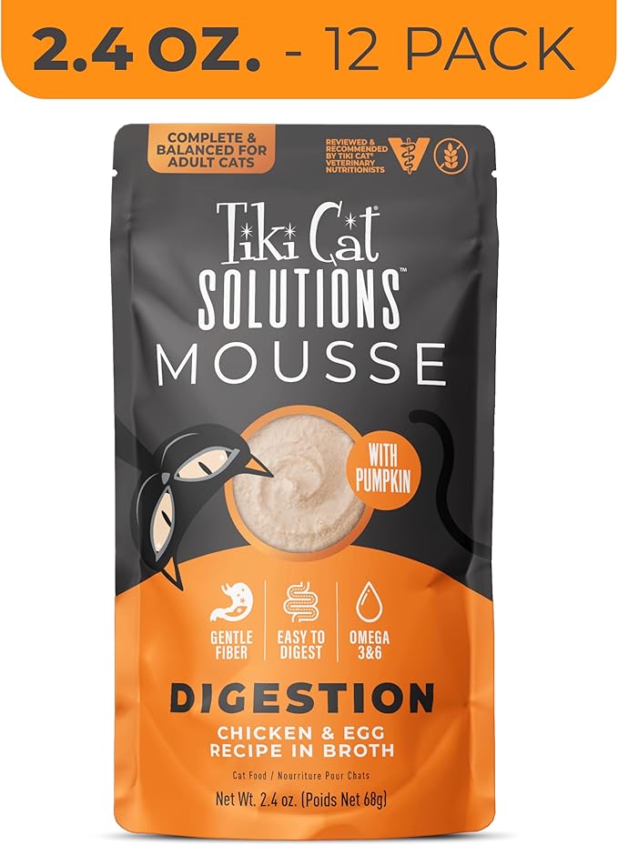 Tiki Cat Solutions Mousse Multipack, Wet Cat Food, Digestion, Chicken & Egg, 2.4 oz. Pouch (12 Count)