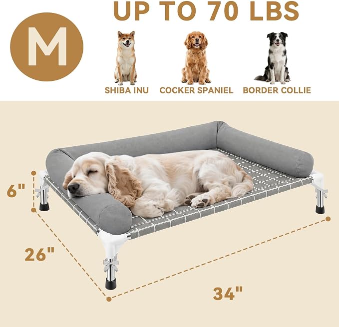 Elevated Dog Bed with 3 Sided Bolster - 32"x26" Raised Pet Cot for Medium Dogs, Stainless Steel Frame Portable Dog Sofa for Indoor, Outdoor, Camping and Patio