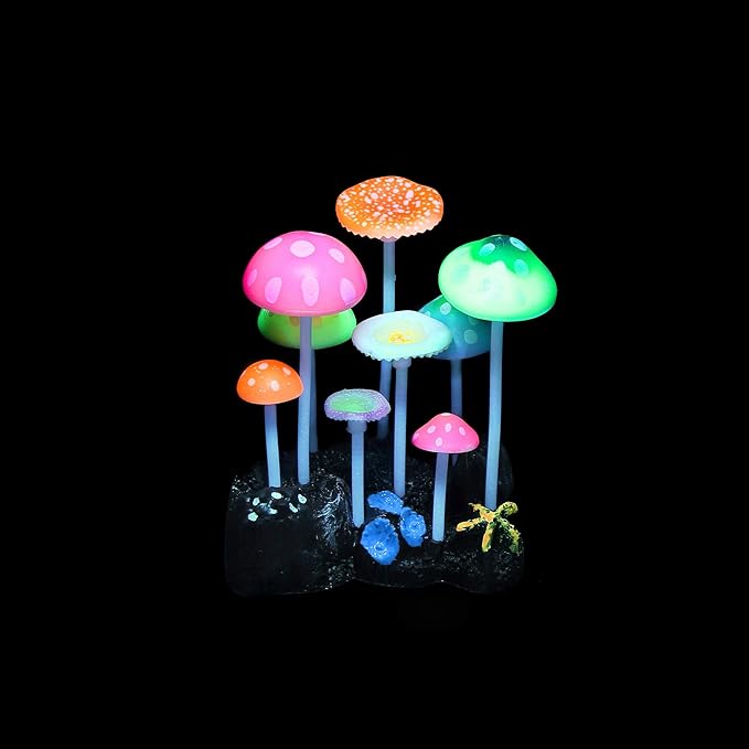 4 Pack Aquarium Fish Tank Decorations: Coral, Mushroom, Anemone, Plants Kit - Glowing Fish Tank Decorations for Small and Large Aquarium Decor Accessories