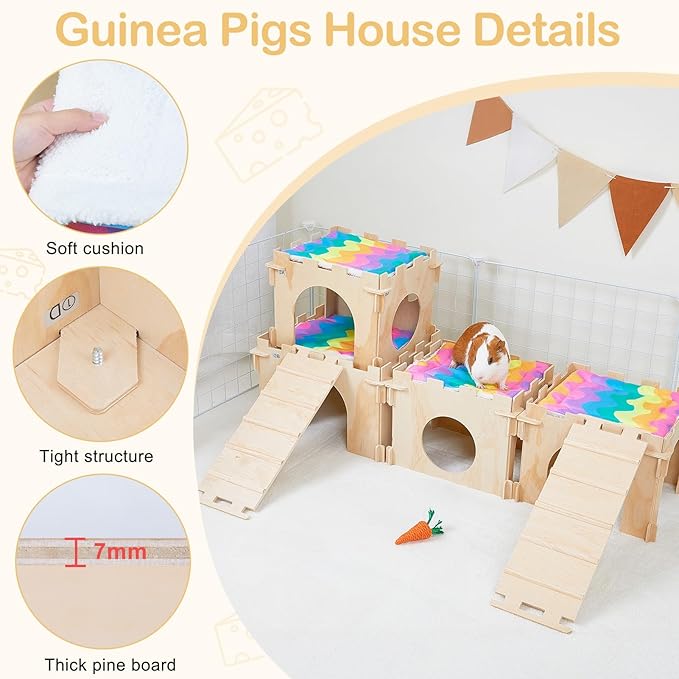 Guinea Pig Hideout, Guinea Pigs House with Stairs and Mats Extra Large Guinea Piggy Castle Detachable Hideouts for Small Animals Wooden Guinea Pig Habitats with Multiple Doors and Windows