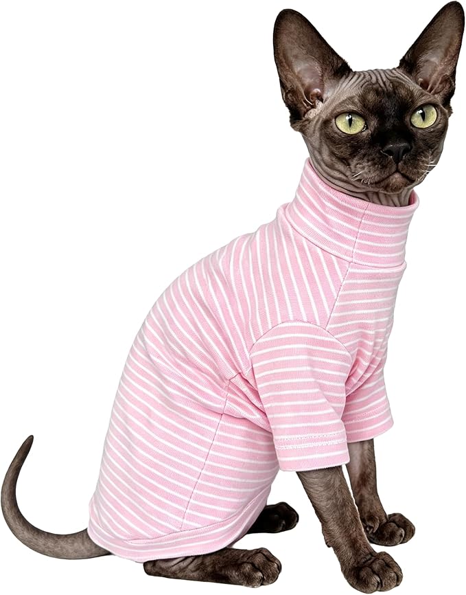 Sphynx Cat Clothes for Cats Only, Narrow Striped Sphynx Shirt Clothes T-Shirts Sweatshirt with Sleeves, Soft Kitten Sphinx Clothes Pet Apparel Devon Rex,Cornish Rex,Peterbald,Pink,S