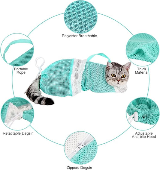 Cat Bathing Bag - Adjustable Cat Washing Net Anti-bite & Anti-Scratch Cat Shower Restraint Bag, Breathable Mesh Cat Grooming Bag for Bath, Nail Trimming & Injection