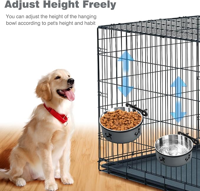 Dog Crate Bowls Hanging No Spill, Set of 2 Dog Crate Water Bowl, Mountable Stainless Steel Pet Cage Accessories Feeder Crate Water Food Dish Coop Cup for Cat Puppy Bunny Guinea Pig Ferret